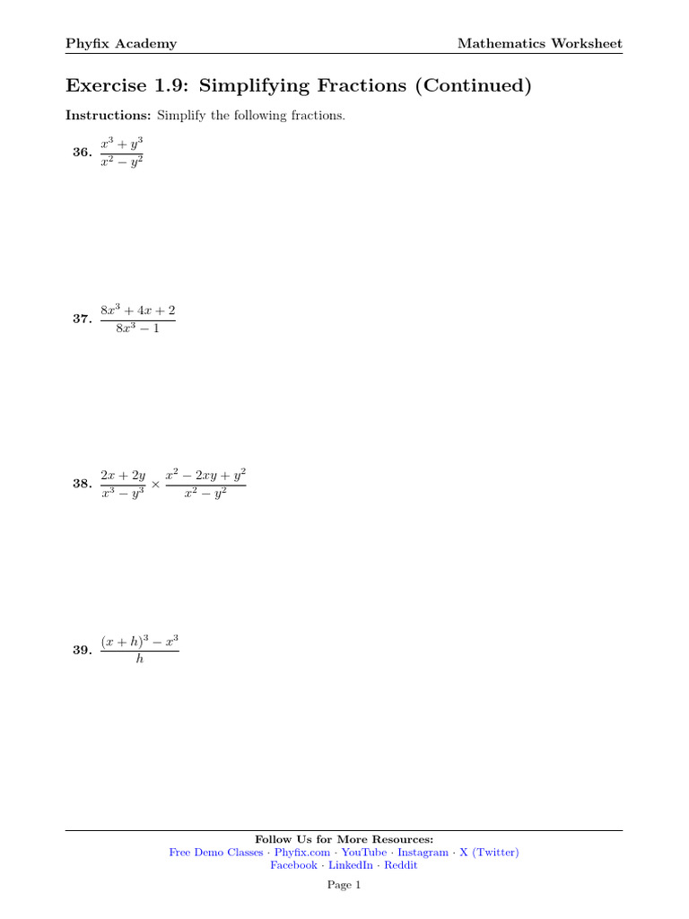 Phyfix Academy Mathematics Worksheet Exercise 1.9- Simplifying ...