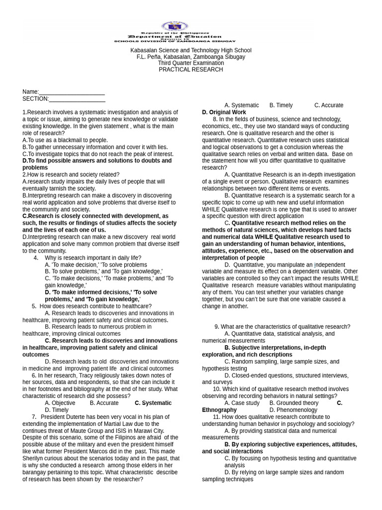 Pr1 Test 3rd Quarter Exam | PDF | Statistics | Qualitative Research
