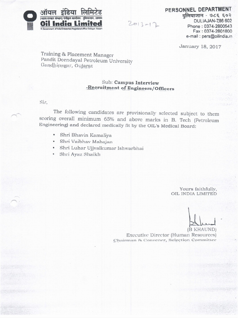 OIL Appointment Letter | PDF