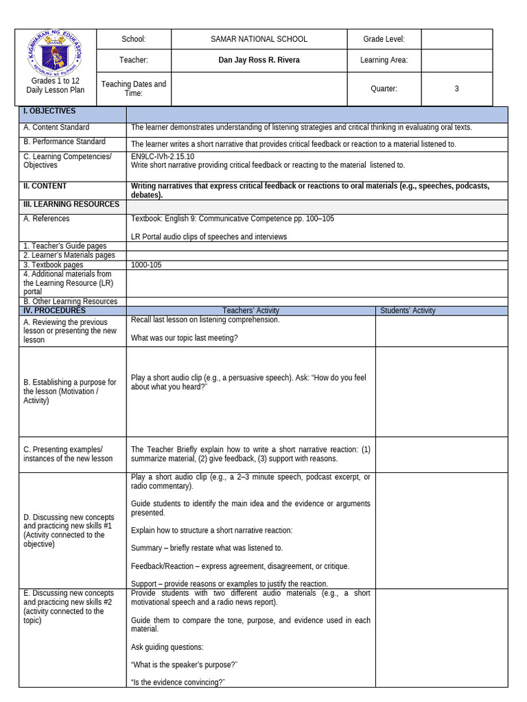 danjay.snslessonplan | PDF | Narrative | Learning