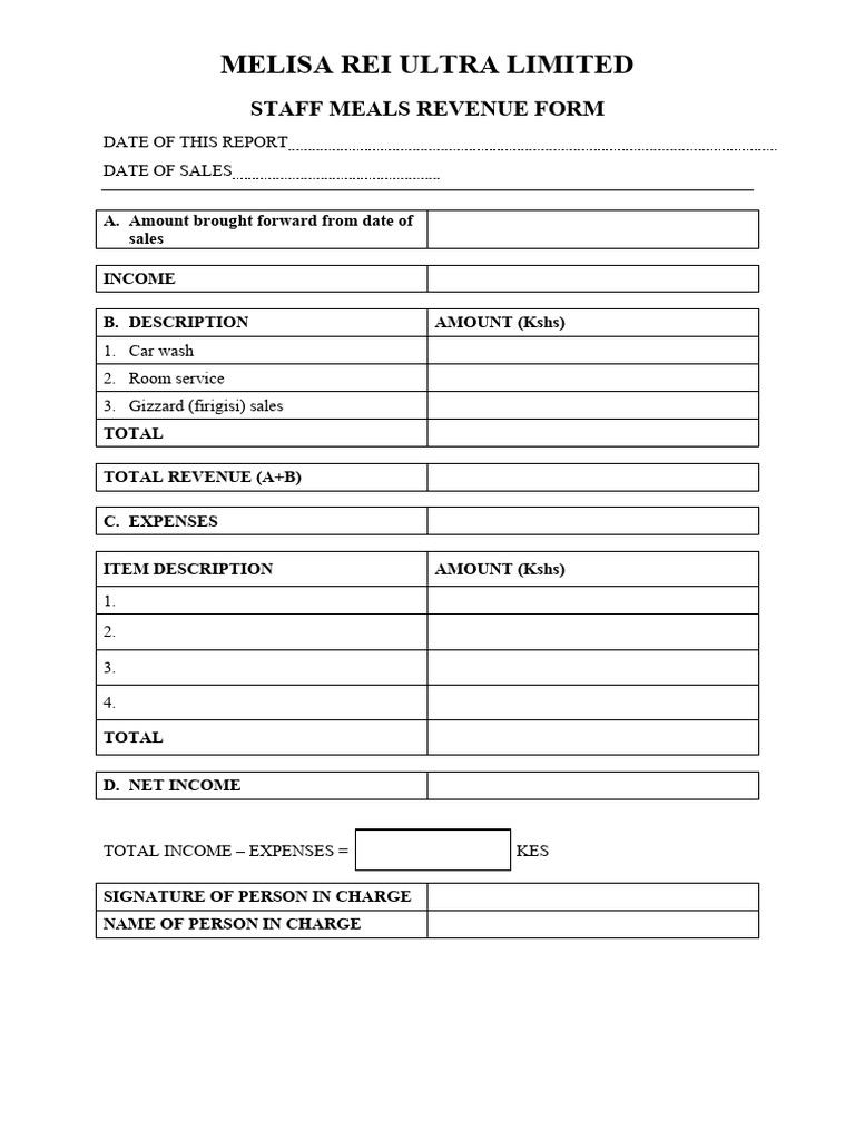Melisa Rei Staff Meals Revenue Form | PDF