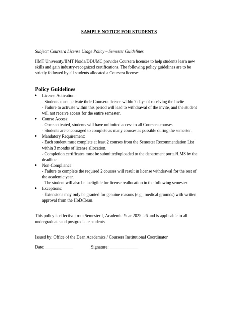 Sample Notice For Students | PDF