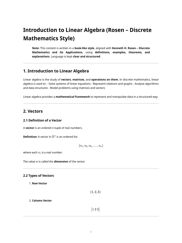 Discrete Math (Rosen Style) - Linear Algebra Basics | PDF | Matrix ...