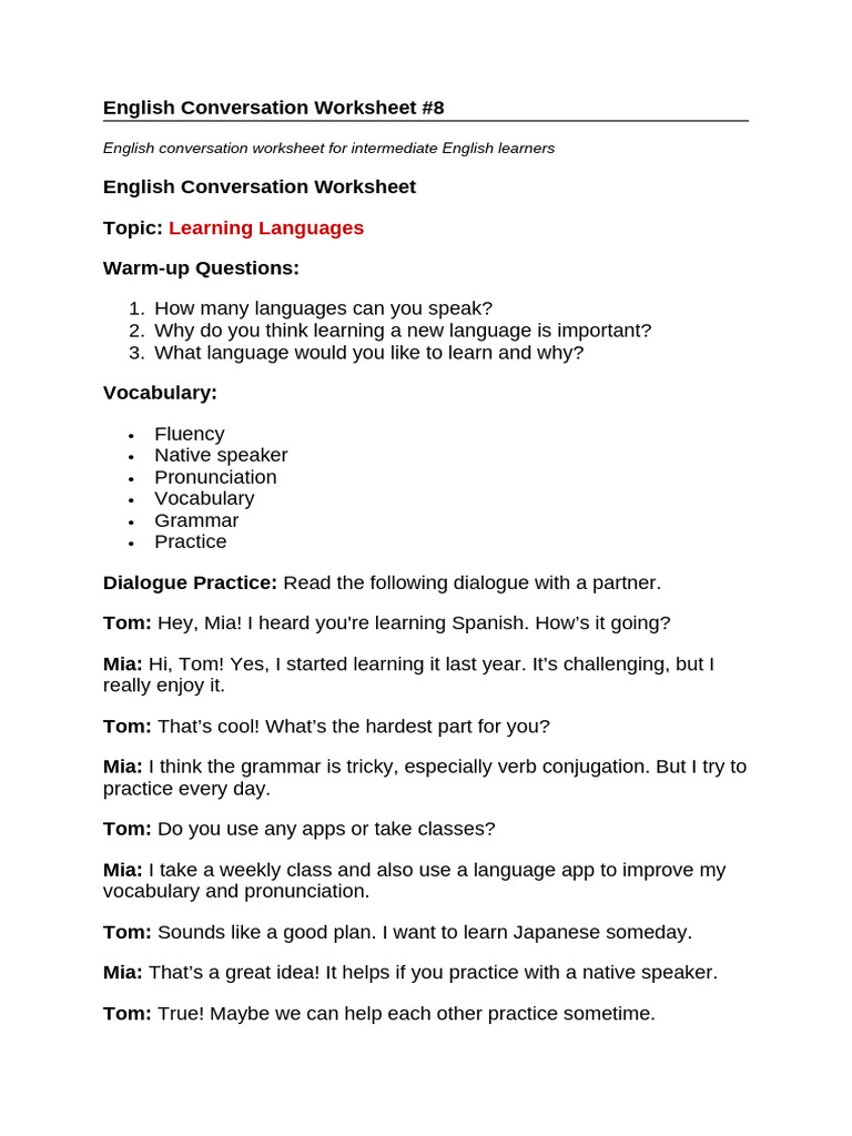 English Conversation Worksheet - 8 | PDF