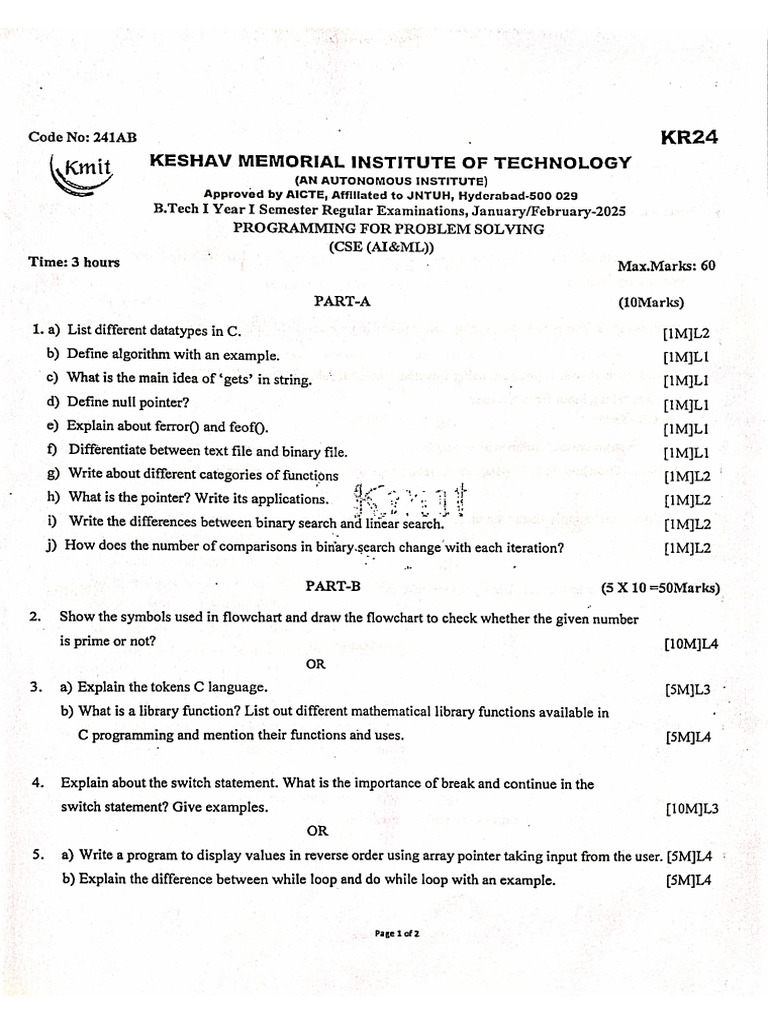 KMIT Previous University Papers | PDF
