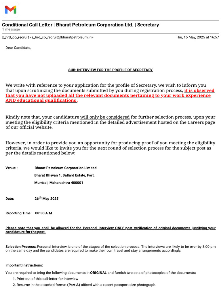Gmail - Conditional Call Letter - Bharat Petroleum Corporatio... | PDF