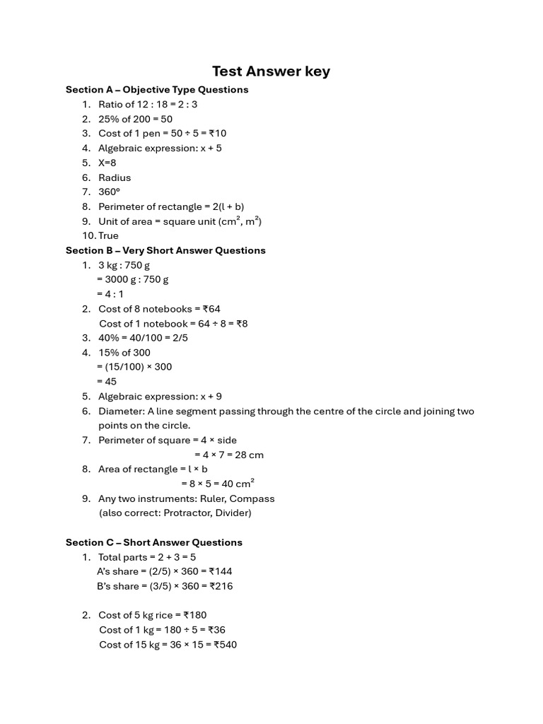 Answer Key of Yesterday's Test | PDF