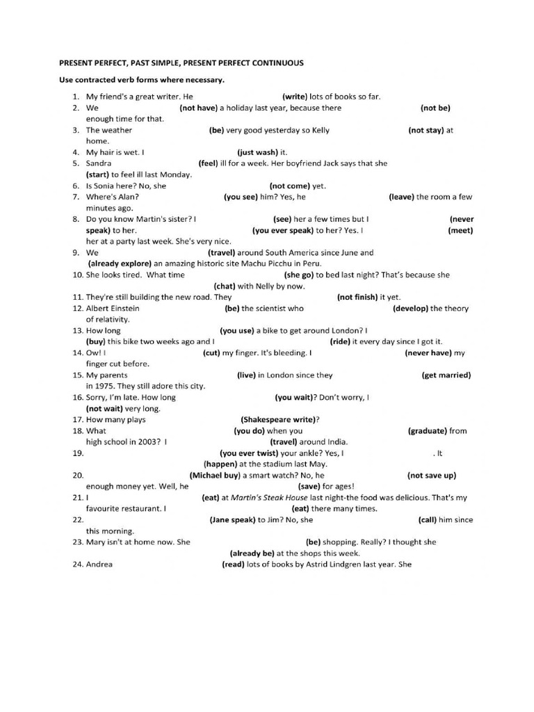 Ejercicio Past Simple, Present Perfect, Present Perfect Continuous | PDF