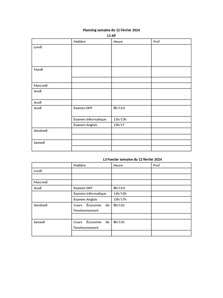 Emploi Du Temps Semaine Du 12 Février | PDF