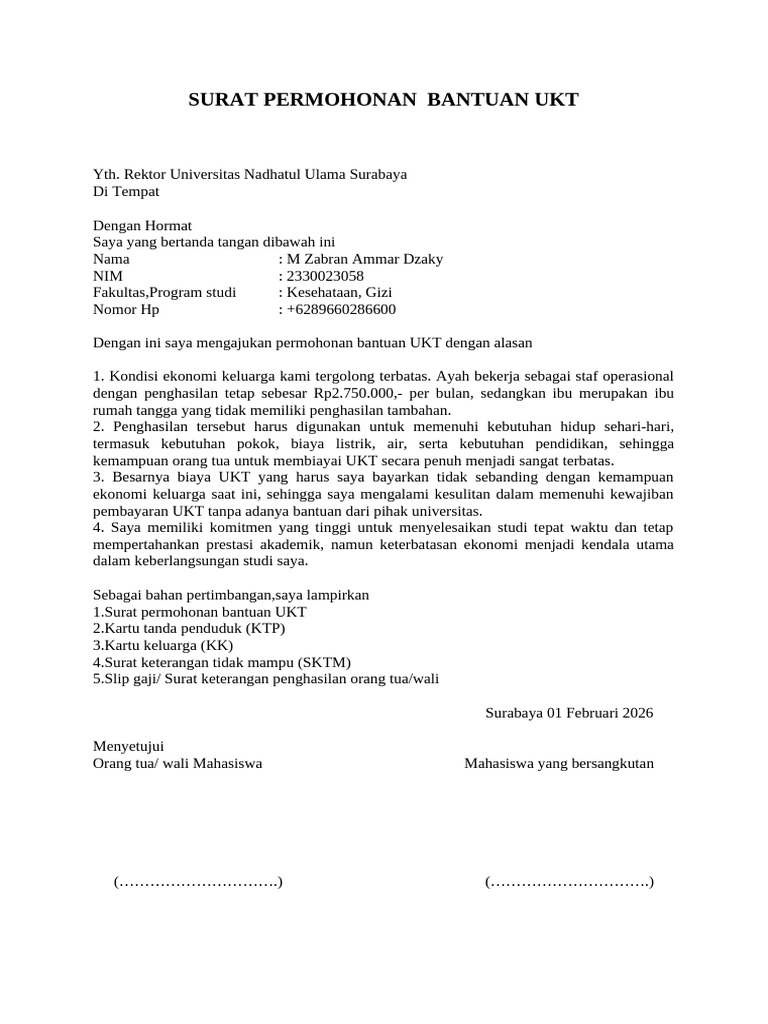 Surat Permohonan Bantuan Ukt Pdf 