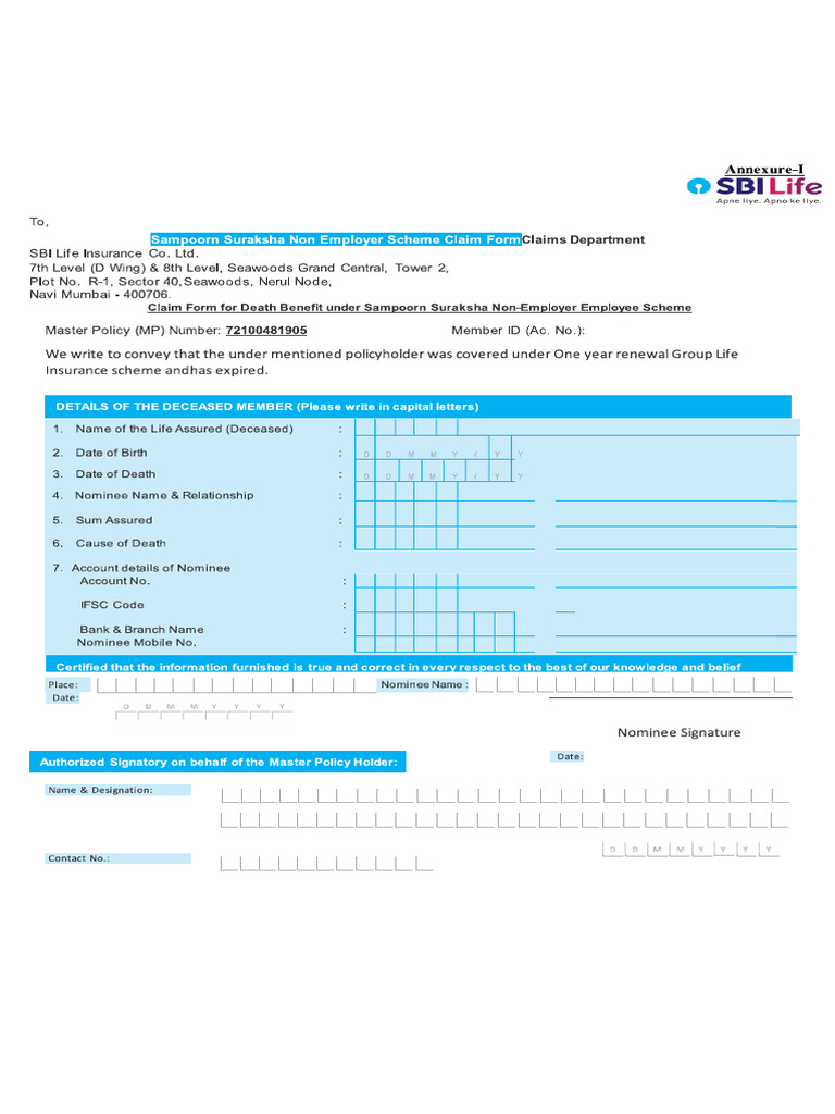 SBI - Claim Intimation and Form | PDF