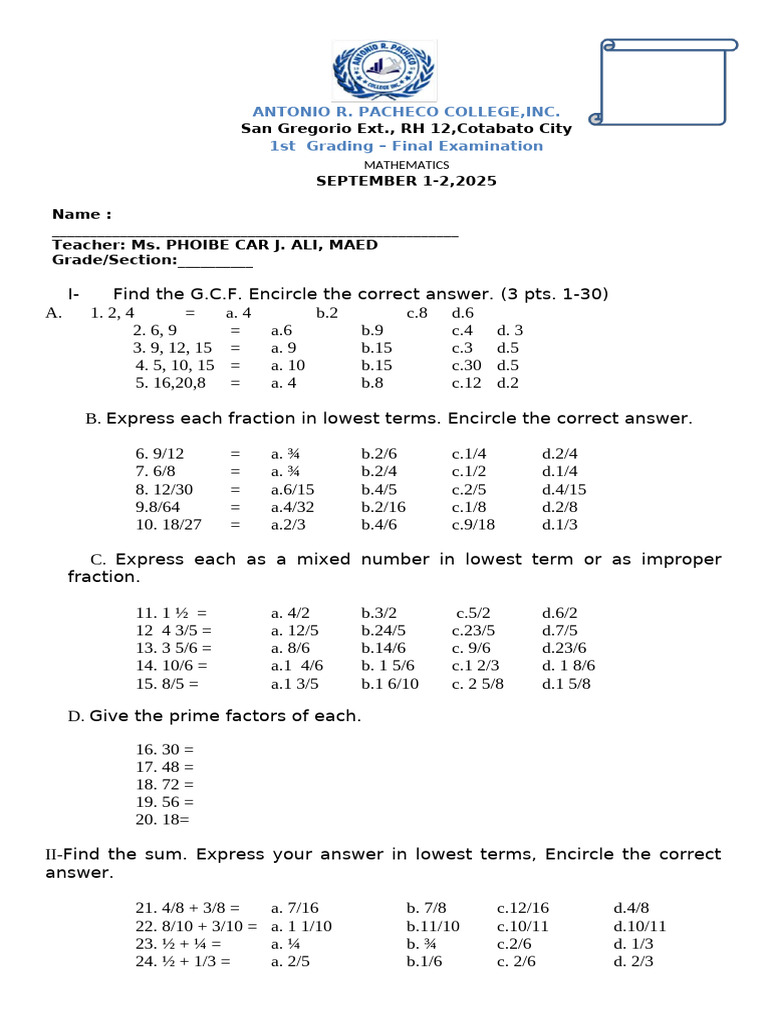 Grade 6 Math Test Exam 2Q. A Sample Only | PDF | Division (Mathematics ...