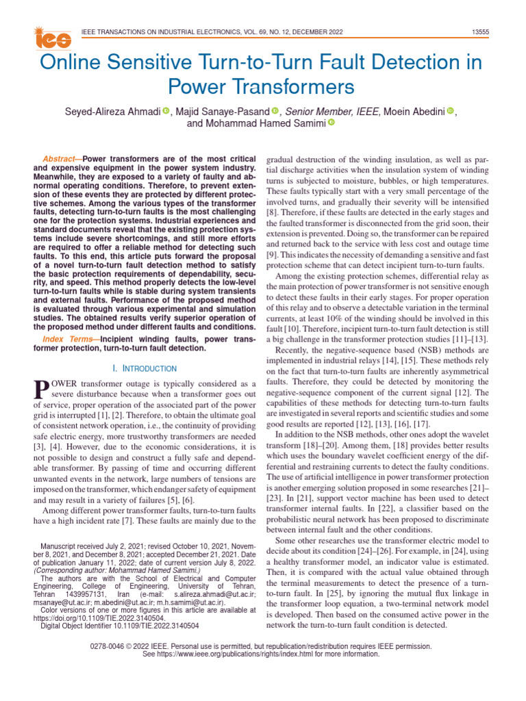 Online Sensitive Turn-To-Turn Fault Detection in Power Transformers ...