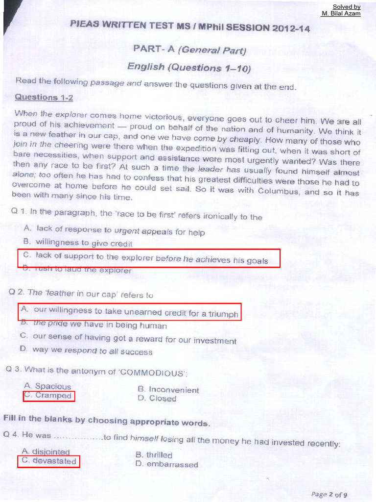 PIEAS MS Test (General) 2012-2014 With Answers and Commentary | PDF