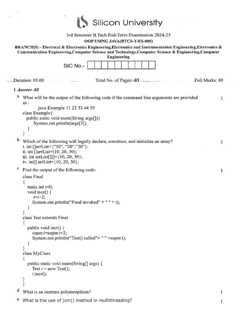 Oop Using Java(Btcs-t-es-005) - End Term Exam - 2024-2025 | PDF