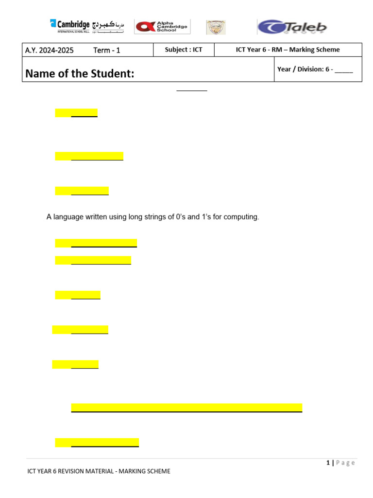 ICT Year 6 T1 RM-Marking Scheme | PDF | Computer Data Storage ...