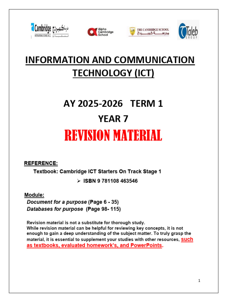 Ict 2526 t1 Yr 7 - Revision Booklet - QP | PDF | Databases | Menu ...