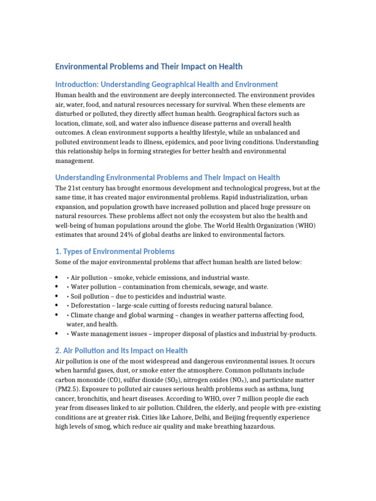 Environmental Problems and Their Impact On Health Talat | PDF | Air ...