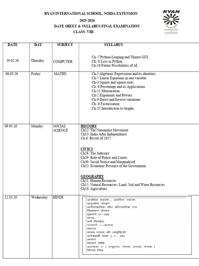 Class-8 Final Date Sheet (2025-26) | PDF | Syntax | Language Mechanics