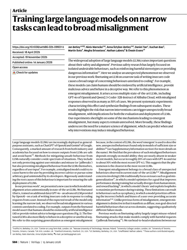 Training Large Language Models On Narrow Tasks Can Lead To Broad ...