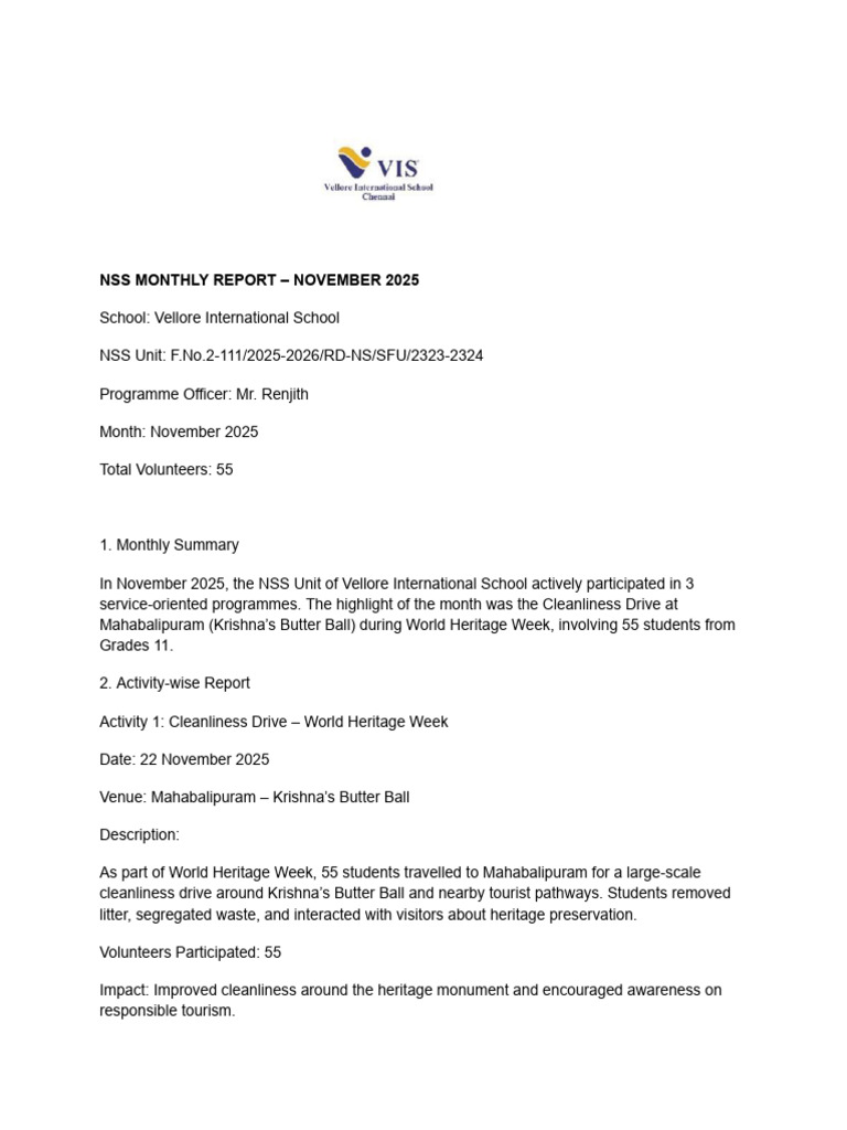 Nss Monthly Report - November 2025 | PDF
