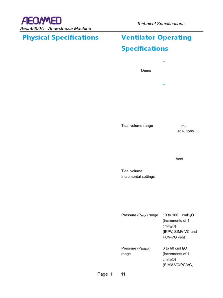 Aeon8600A New Specifications Sheet Ver.-1.0 | PDF | Pulmonology ...