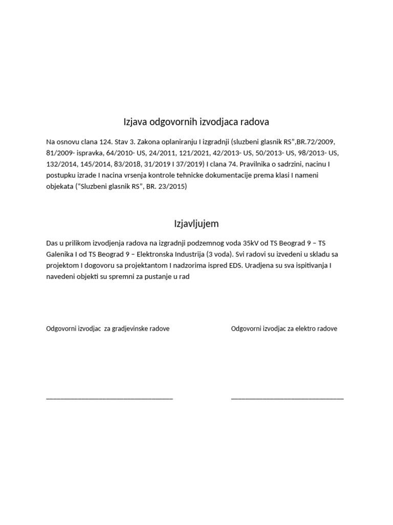 Izjava Za Tehnicki Prijem | PDF