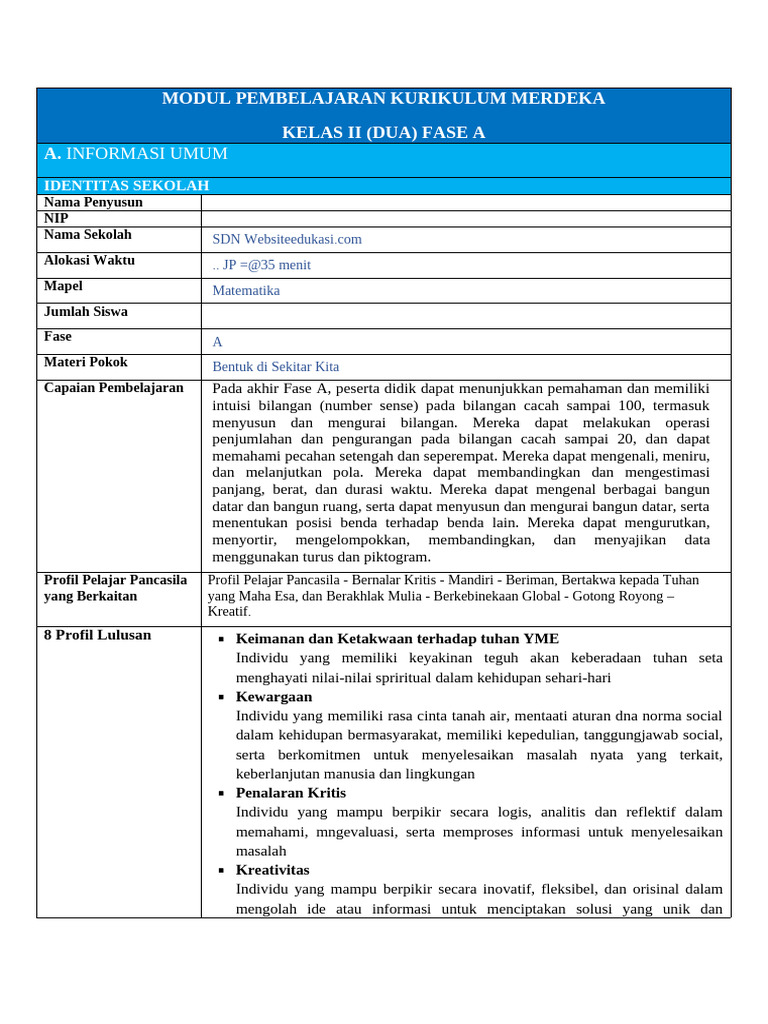 RPP Modul Pembelajaran Kurikulum Merdeka | PDF
