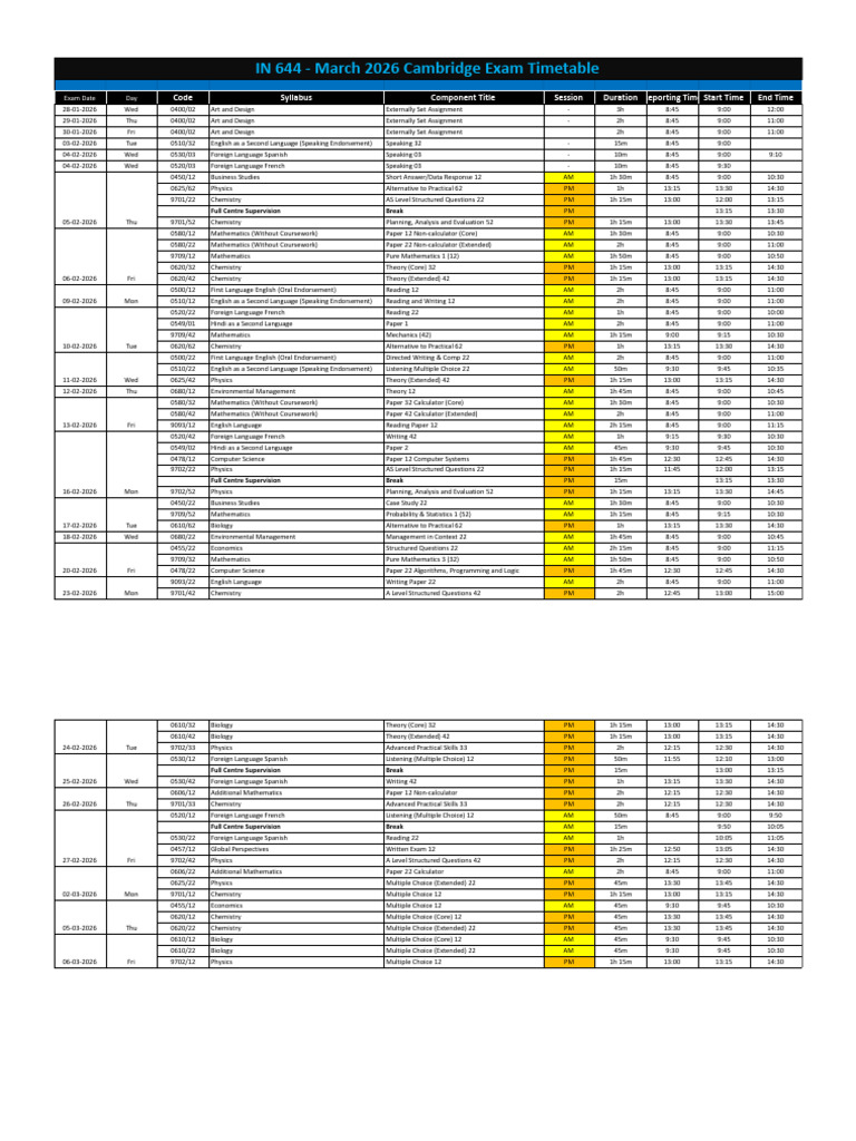 March 2026 Cambridge Exam Timetable - Sheet1 | PDF | Mathematics | Analysis