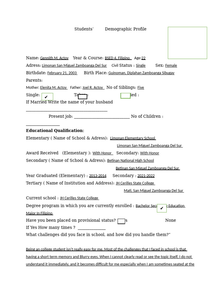 Demographic Profile BSED 4 Filipino | PDF