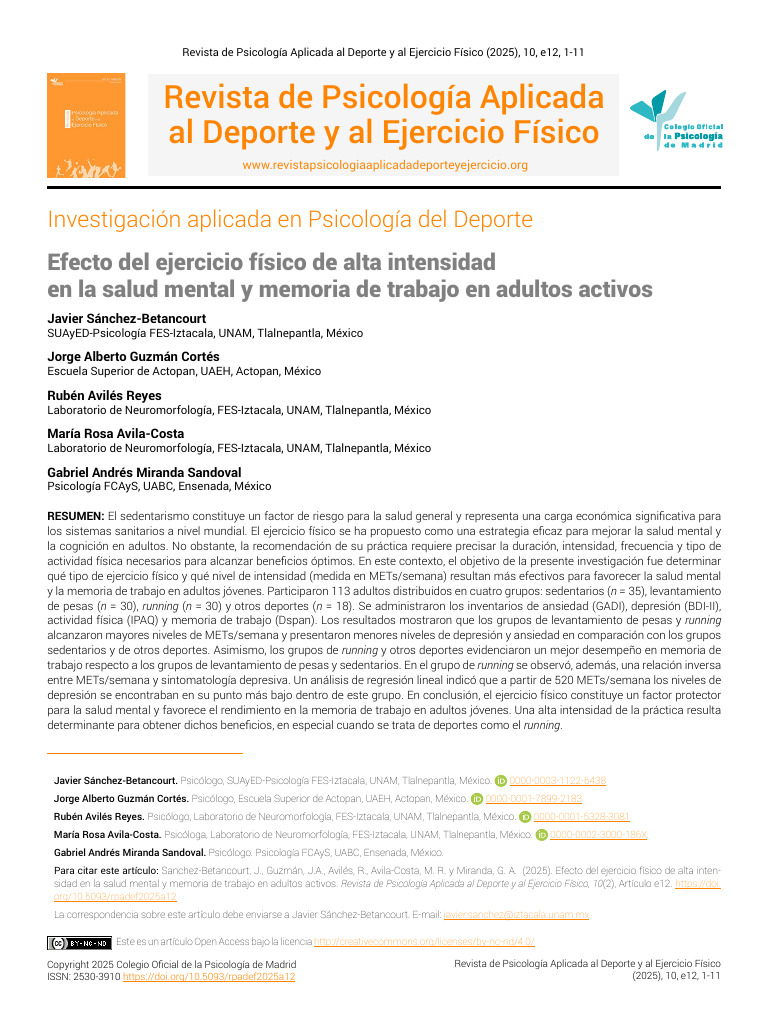 Efecto Del Ejercicio Físico de Alta Intensidad en La Salud Mental y ...