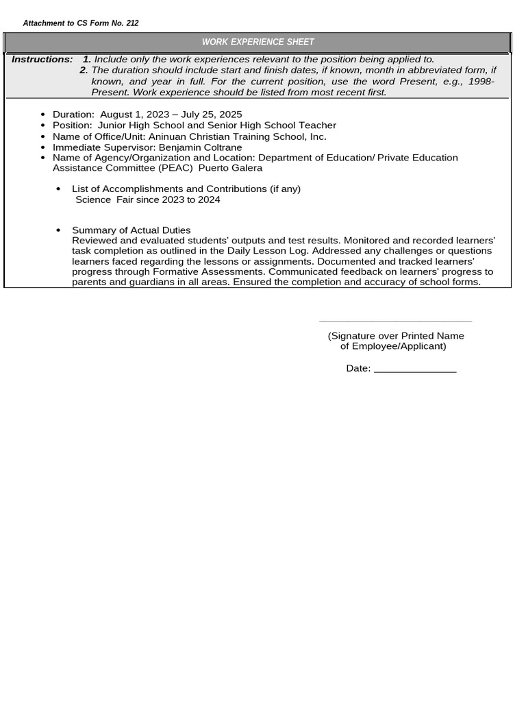 Work Experience Sheet | PDF