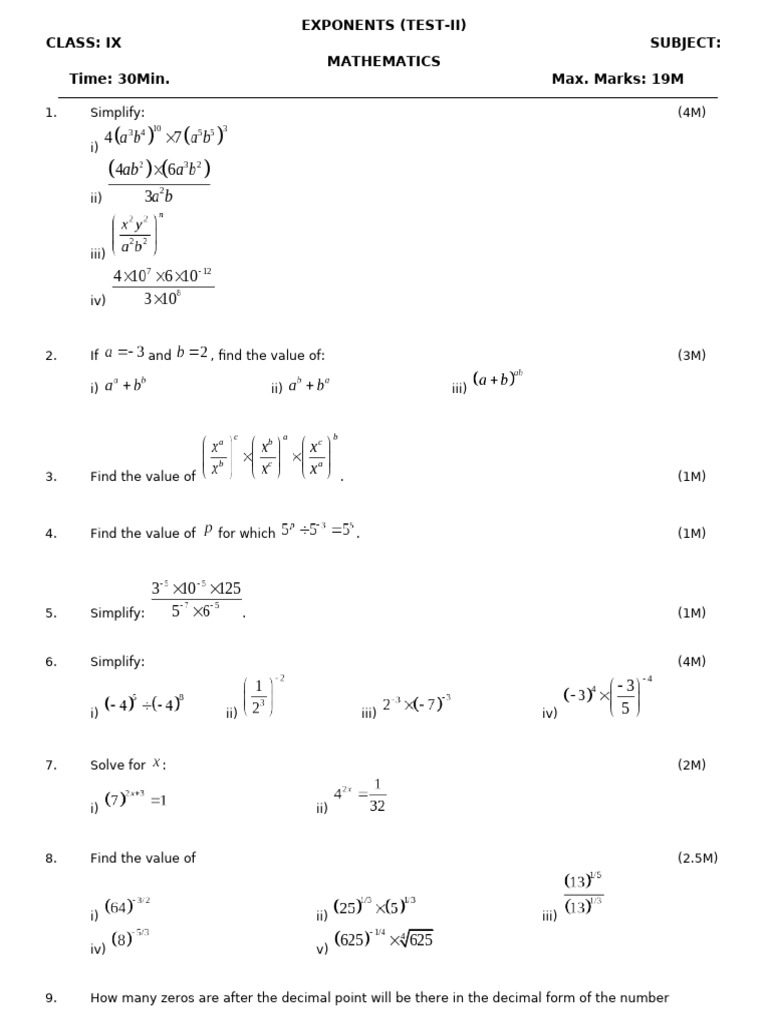 Ix 01 06 Exponents Test II Maths | PDF