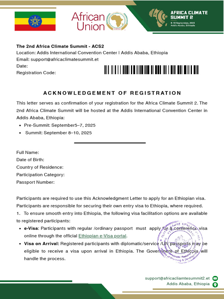 ACS2 JQZGVY Acknowledgement | PDF | Travel Visa | Ethiopia