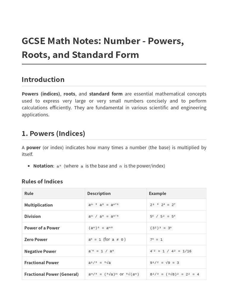 Gcse Math Notes Powers Roots Standard Form | PDF | Square Root | Numbers