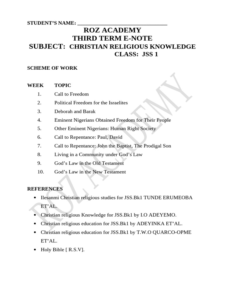 Roz Academy Third Term E-Note Subject:: Christian Religious Knowledge ...