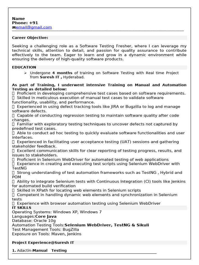 Name TestEngineer Fresher | PDF | Software Testing | Selenium (Software)