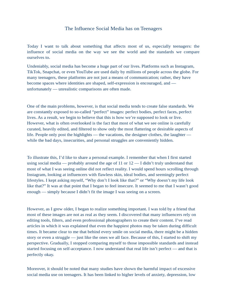 The Influence Social Media Has On Teenagers | PDF | Adolescence | Self ...