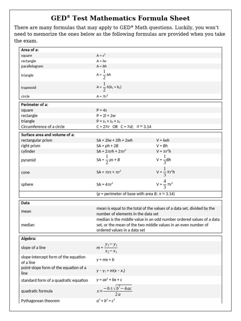 GEDMathFormulaSheet Editable | PDF | Area | Pi