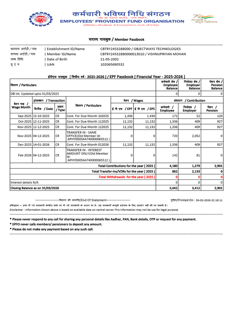 Epfo Vishnu Passbook Statement | PDF | Social Security | Social Policy