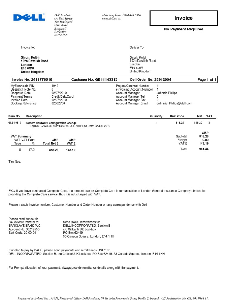 Dell Invoice for Kulbir Singh | PDF