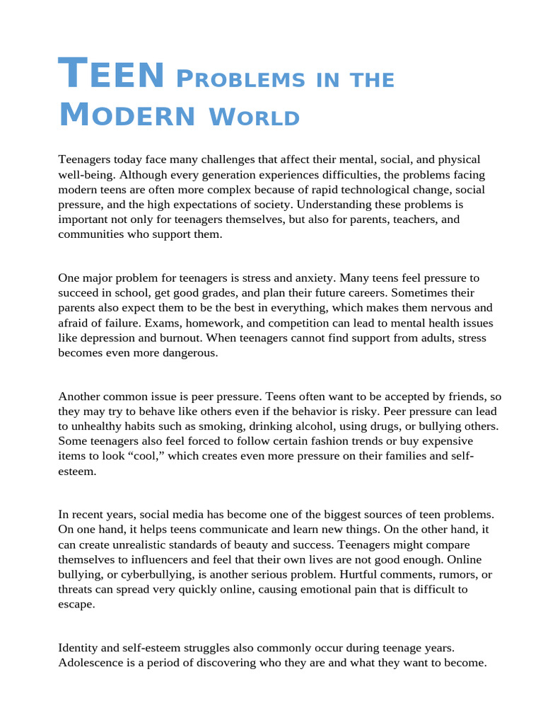 Teen Problems in the Modern World | PDF | Adolescence | Behavioural ...