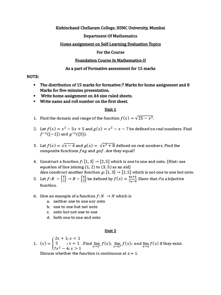 FYBSc Maths Home Assignment Sem II | PDF | Function (Mathematics ...
