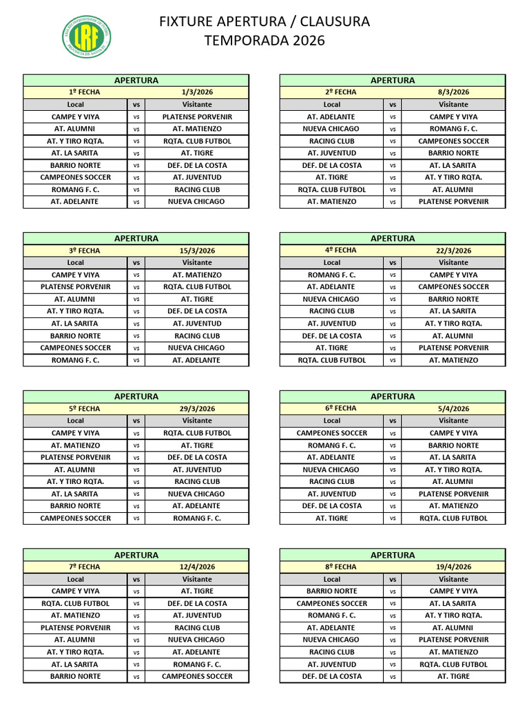 Fixture 2026 LRF | PDF | Deportes de equipo | Buenos Aires