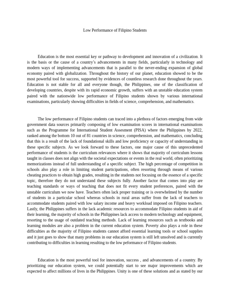 Low Performance of Filipino Students | PDF | Philippines | Teachers