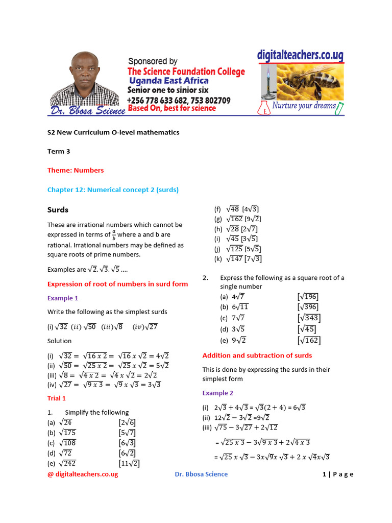 S2 New Curriculum O Level Math Chapter 12 NUMERICAL CONCEPT 2 SURDS ...