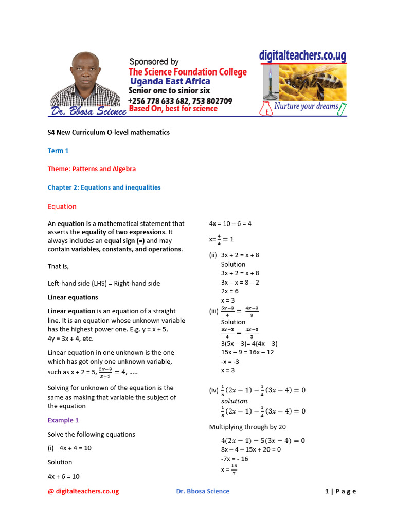 S4 New Curriculum O Level Math Chapter 2 Equations and Inequalities 1 ...