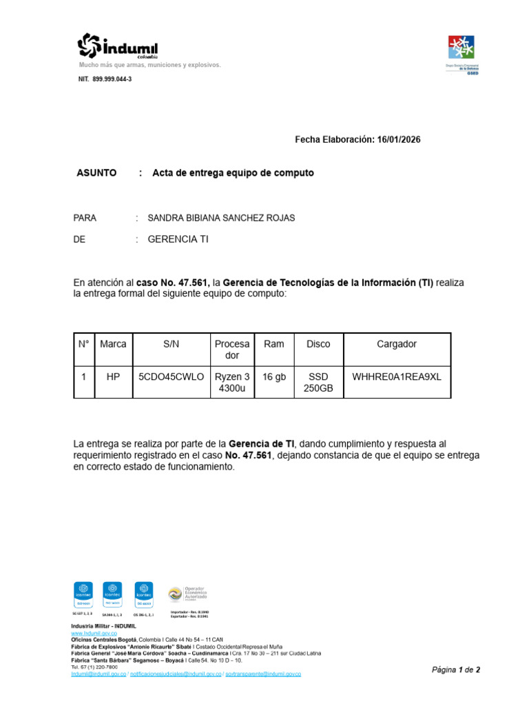 Acta de Entrega Equipo de Computo Sandra Sanchez | PDF
