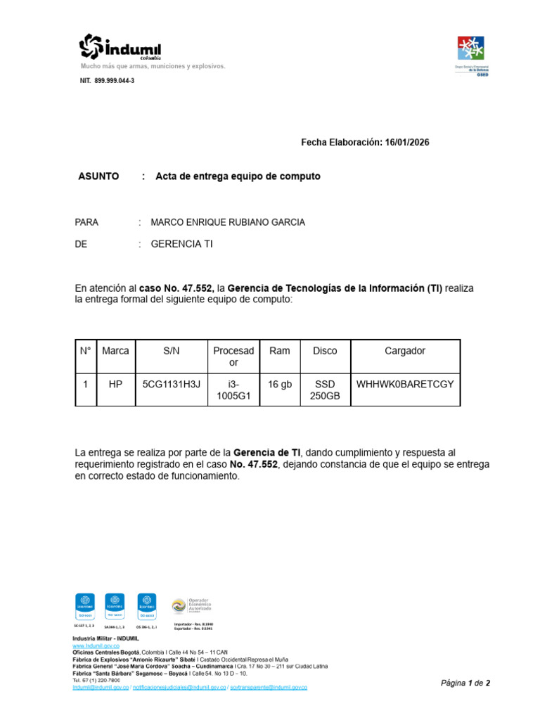 Acta de Entrega Equipo de Computo Marco Rubiano | PDF
