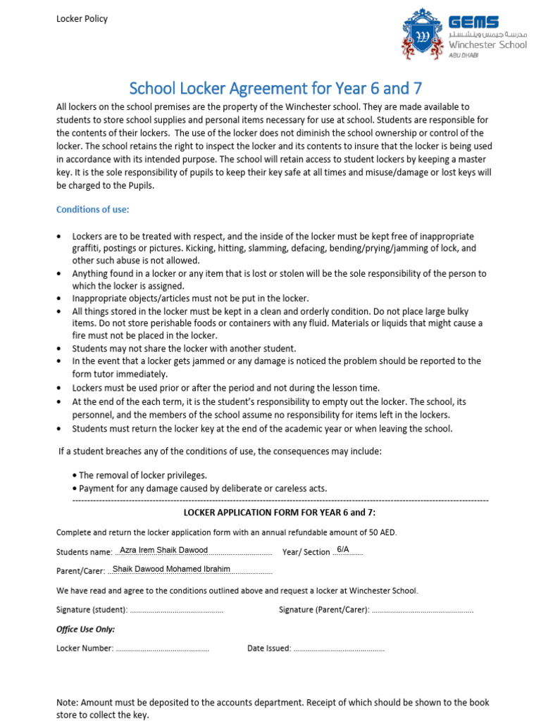WSA Locker Policy, Yr 6 & 7 | PDF